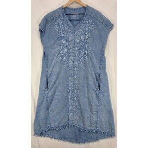Karyn Seo Womens Embroidered Dress 100% Linen Chambray Pockets Blue Boho Large